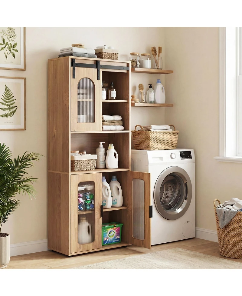 Gymax 59'' Farmhouse Bathroom Floor Cabinet w/Sliding Barn Door and Shelves for Kitchen