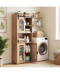 Gymax 59'' Farmhouse Bathroom Floor Cabinet w/Sliding Barn Door and Shelves for Kitchen