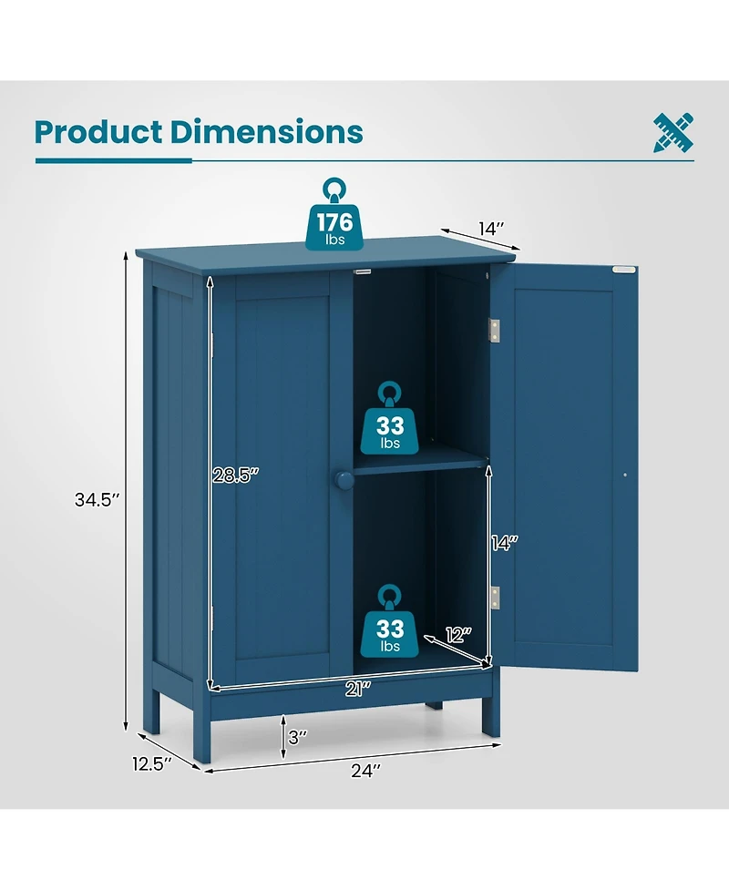 Gymax Bathroom Cabinet Wooden Storage Cabinet w/ 2 Doors and 3-Level Adjustable Shelf