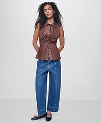 Dkny Jeans Women's Sleeveless Collared Twist Front Button-Up Shirt