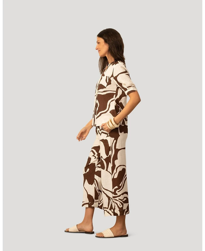 Cable & Gauge Women's Printed Linen Blend Button Front Top