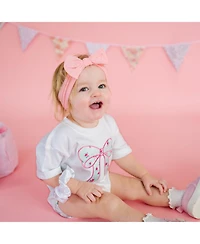 Sweet Wink Baby Girls Sky Blue Floral Bow Patch Short Sleeve Romper