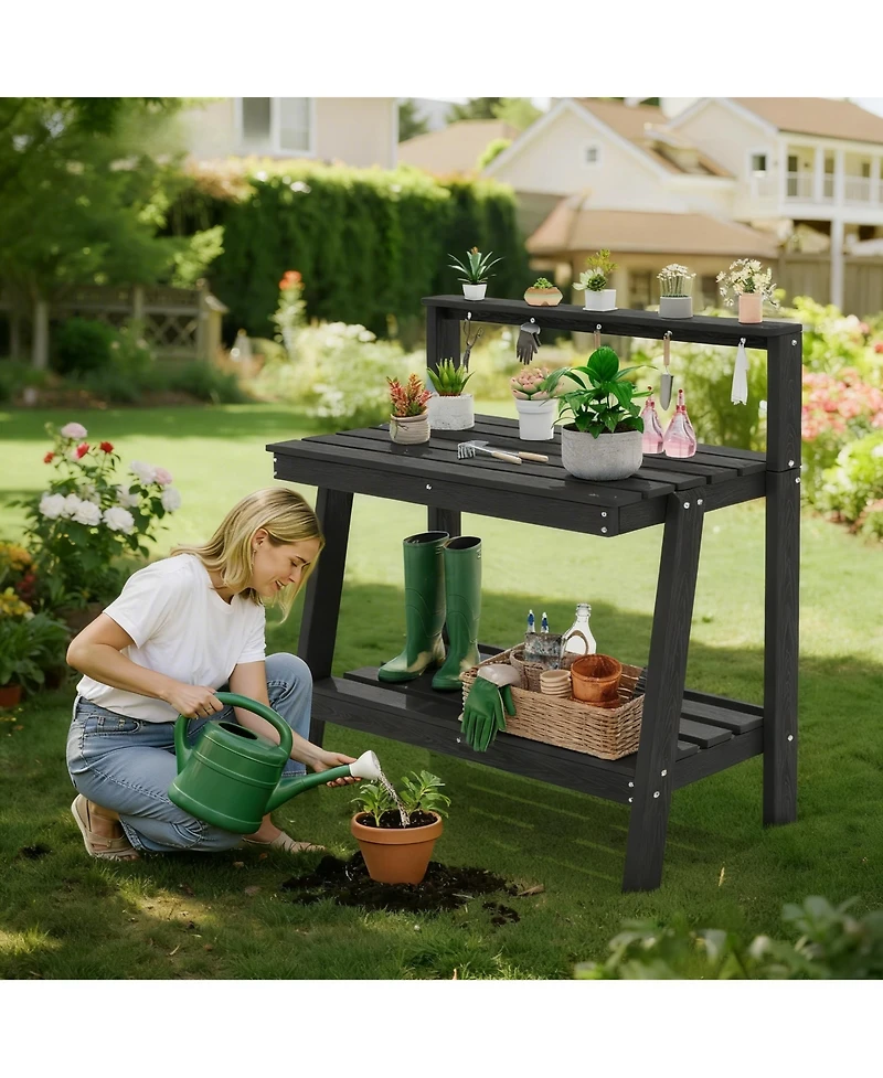 Yigii Outdoor gardening 3-tier shelf with angled legs and hooks