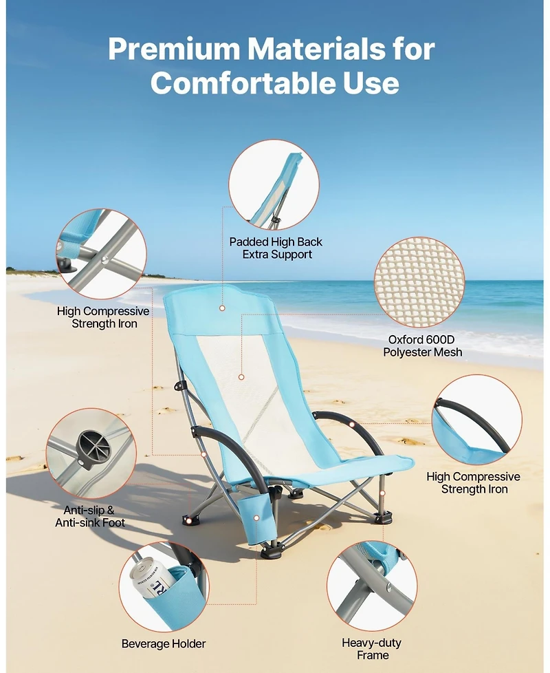 Mecale Folding Beach Chair High Back 330 lbs with Mesh Back 2 Pack