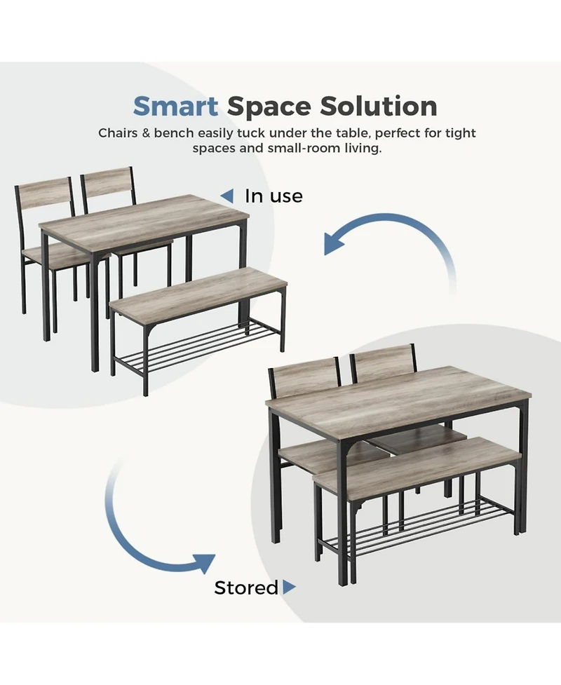 Yiortwo 4-Piece Dining Table Set with Bench, 2 Chairs and Storage Shelf