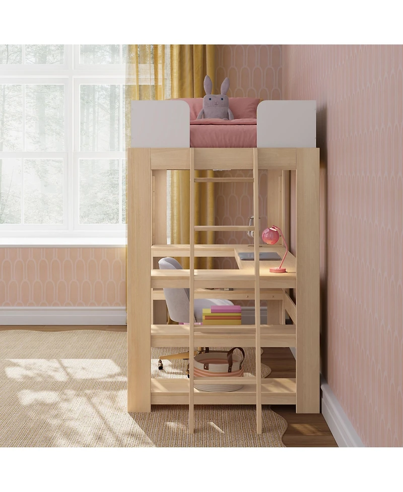 Max and Lily Mid-Century Modern Twin Loft Bed with Wraparound Desk Shelves
