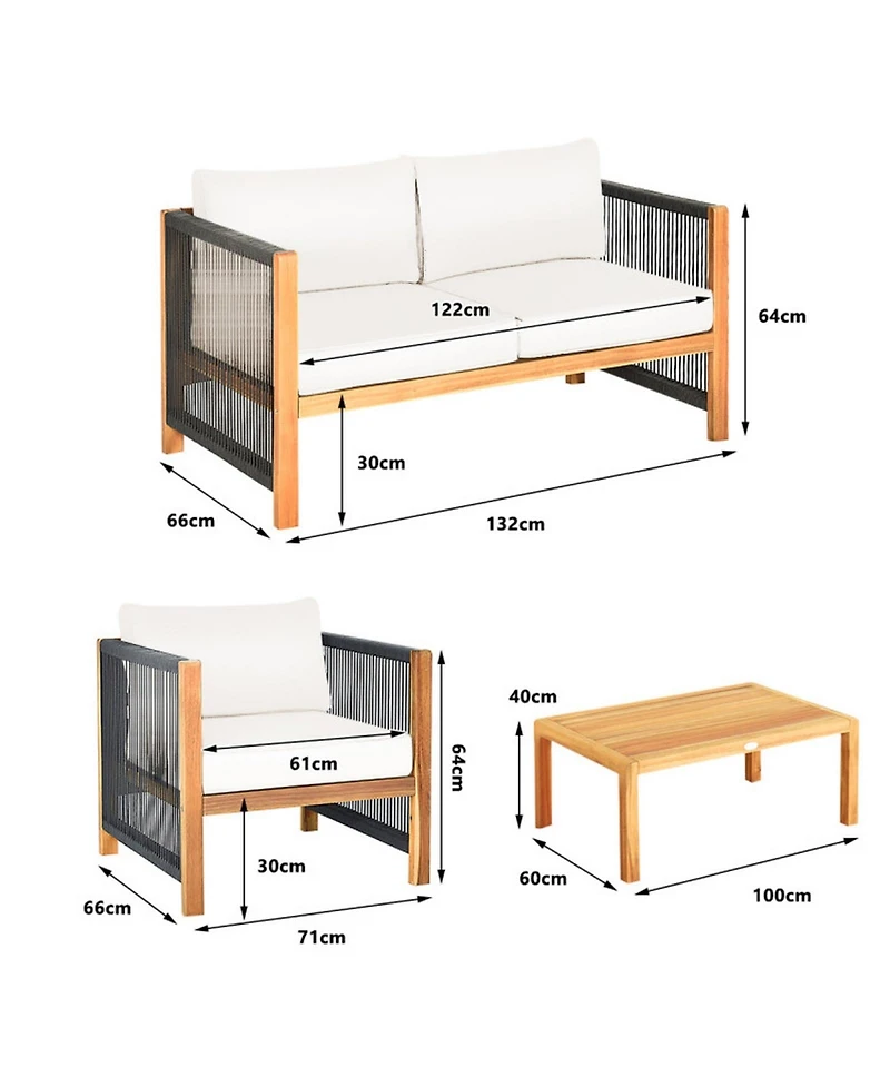 Gouun 4-Piece Outdoor Acacia Wood Patio Conversation Set with Loveseat, 2 Armchairs and Coffee Table