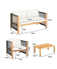 Gouun 4-Piece Outdoor Acacia Wood Patio Conversation Set with Loveseat, 2 Armchairs and Coffee Table