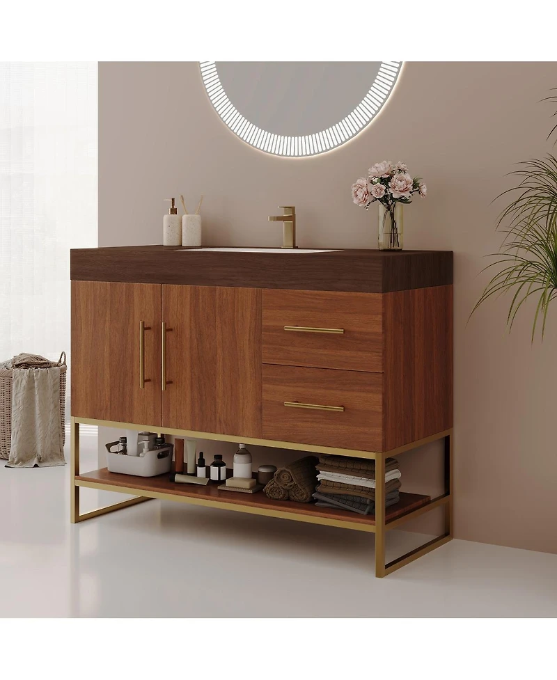 Sillysis 36 Inch Freestanding Bathroom Vanity with Sintered Stone Top, Ceramic Sink, Gold Steel Legs, Modern Storage Drawers