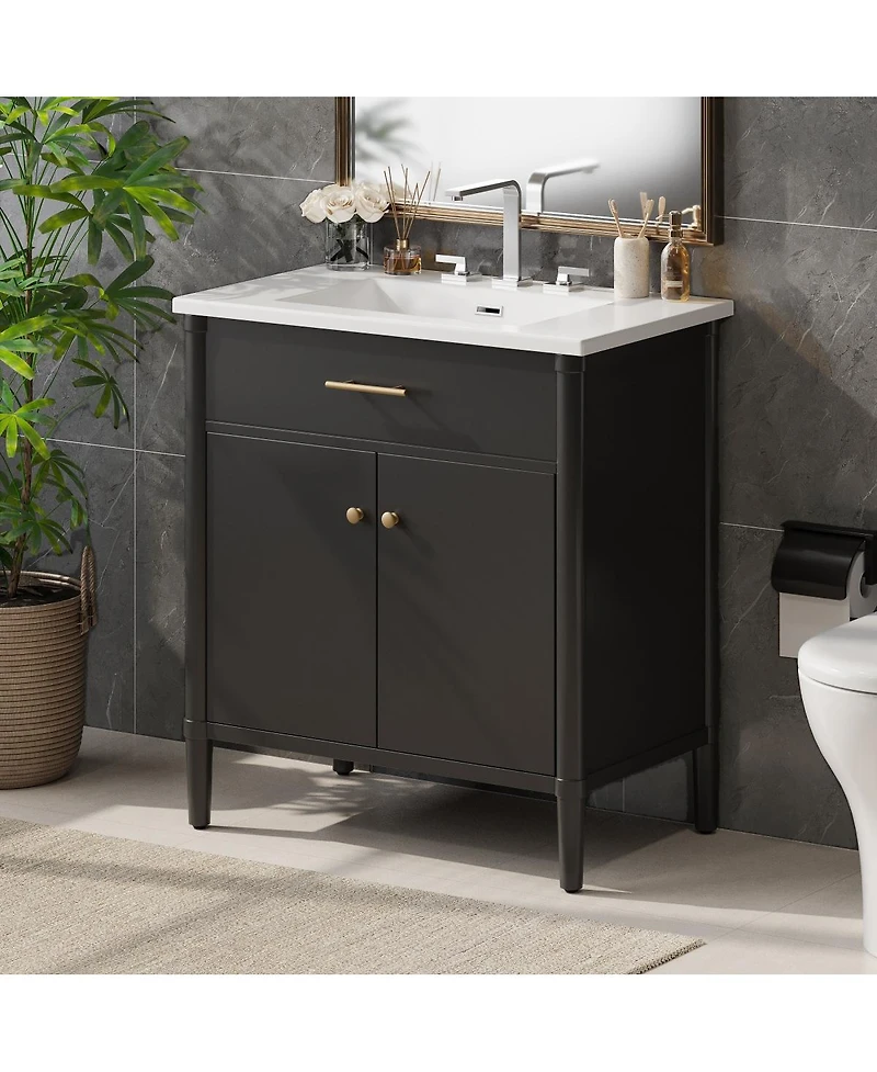Sillysis 31 Inch Modern Freestanding Bathroom Vanity with Ceramic Sink, Mdf Cabinet, Soft Close Doors, Solid Wood Legs-Sillysis