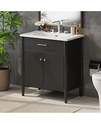 Sillysis 31 Inch Modern Freestanding Bathroom Vanity with Ceramic Sink, Mdf Cabinet, Soft Close Doors, Solid Wood Legs-Sillysis