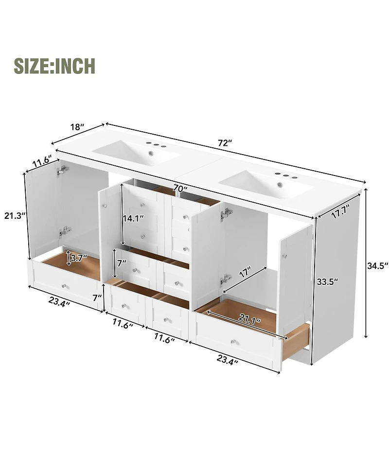 Sillysis 72 Inch Double Sink Bathroom Vanity, Freestanding Modern Mdf Cabinet with Soft Close Drawers and Ceramic Sinks
