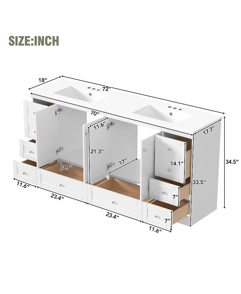 Sillysis 72 Inch Double Sink Bathroom Vanity, Modern Freestanding Mdf Cabinet with Soft Close Drawers and Ceramic Sinks for Ample Storage