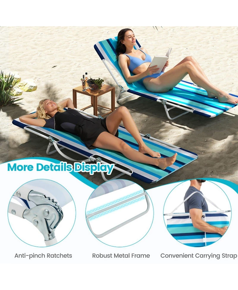Sugift 2 Pieces 5-Position Lay Flat Beach Recliner with Carry Strap and Metal Frame