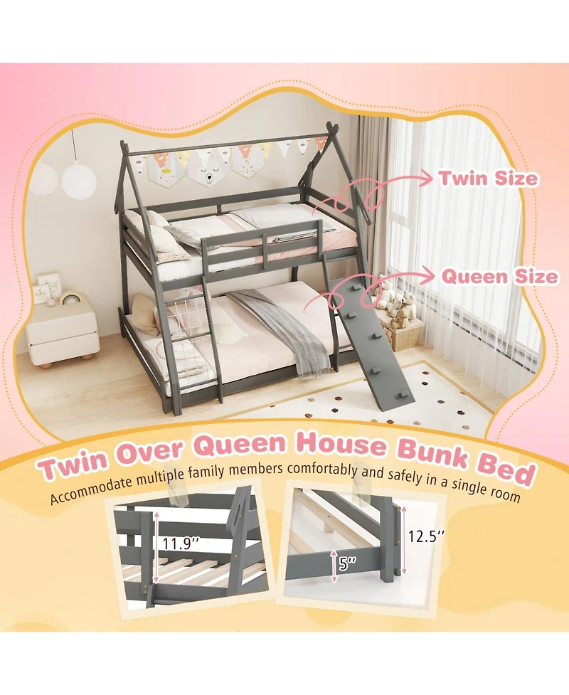 Slickblue Wooden Twin Queen Bunk Bed with Ramp and Climbing Nets