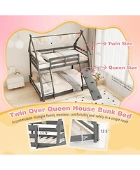 Slickblue Wooden Twin Queen Bunk Bed with Ramp and Climbing Nets