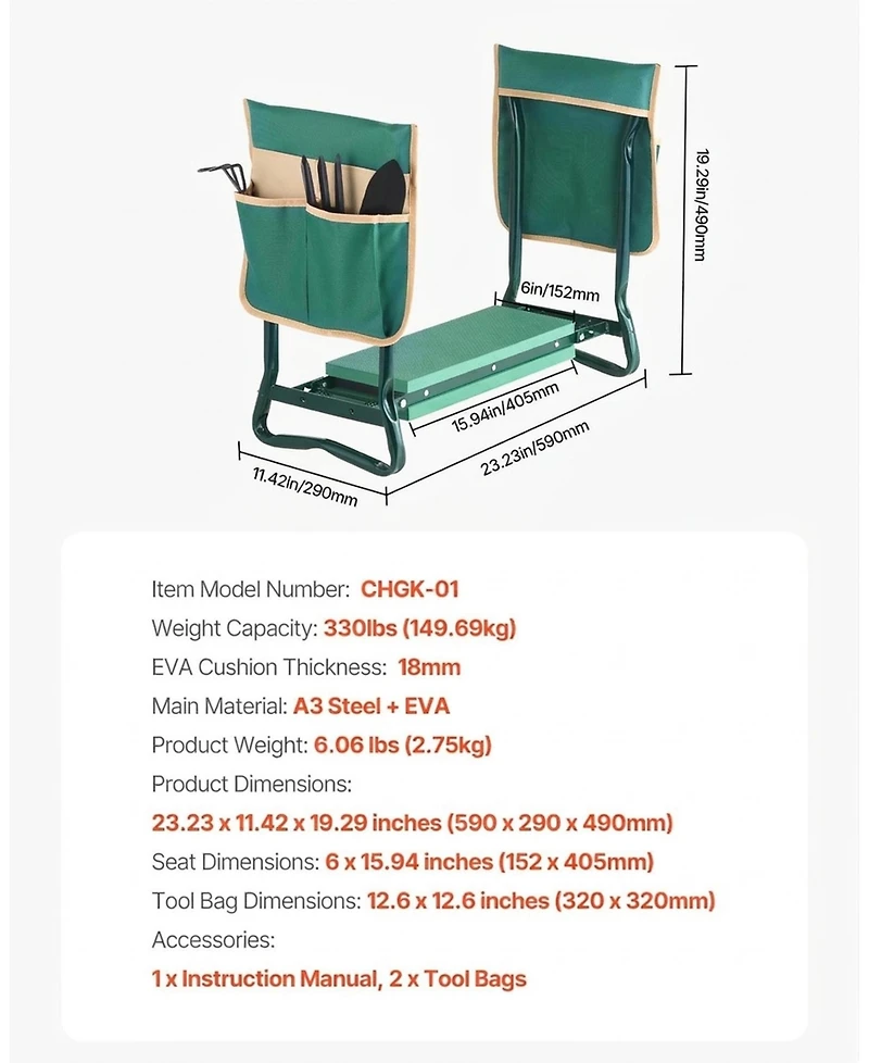 Sugift Folding Garden Kneeler Seat with 2 Tool Bags and 18mm Eva Foam Cushion