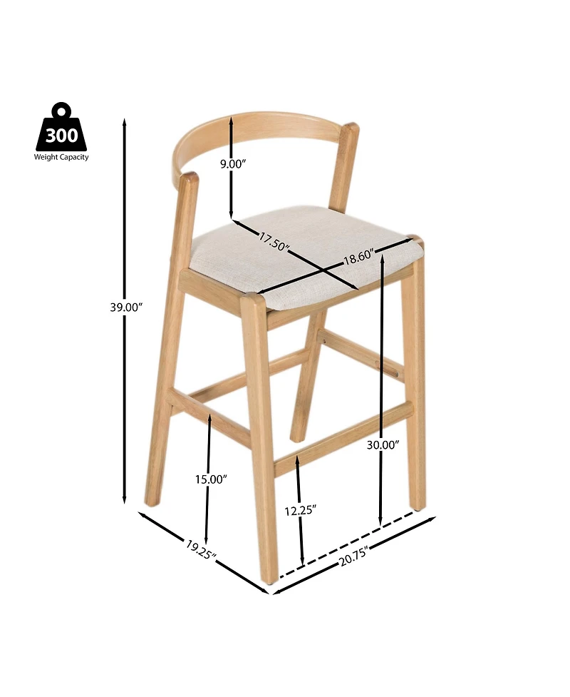 Rainsken 30" H Upholstered Bar Stools Set of 2, Classic Rubber Wood Counter Height Chairs with Backrest and Footrests for Kitchen Island