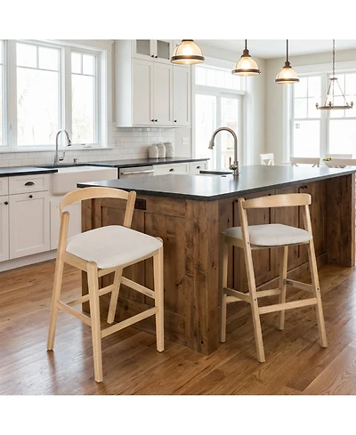 Rainsken 30" H Upholstered Bar Stools Set of 2, Classic Rubber Wood Counter Height Chairs with Backrest and Footrests for Kitchen Island