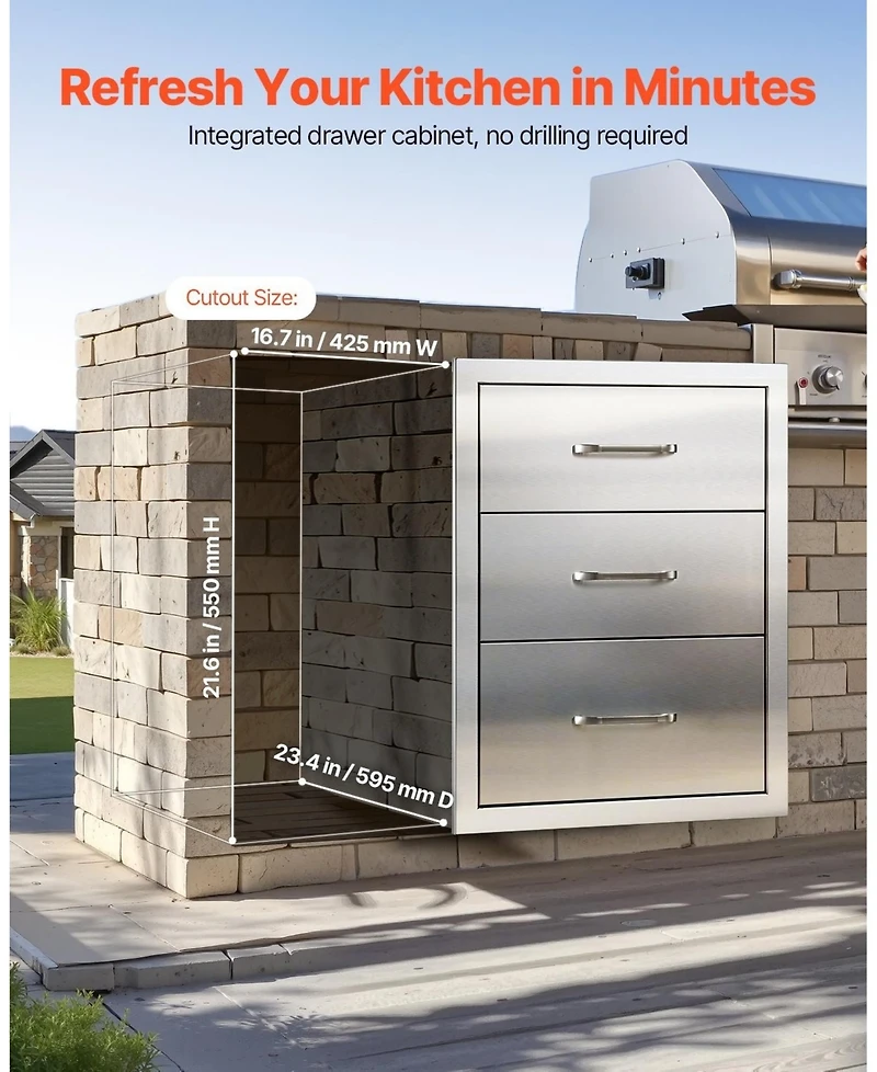 Sugift Triple-Access Stainless Steel Outdoor Kitchen Drawers 18.11in W x 23.23in D x 23.23in H