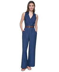 Dkny Women's Collared Sleeveless Belted Jumpsuit