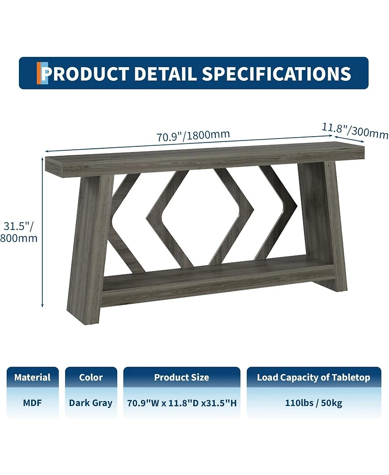 gaomon 70.9 Inch All-Wood Console Table, Ultra-Stable Trapezoid Leg Sofa Table Behind Couch, 2-Tier Extra Long Entryway Table