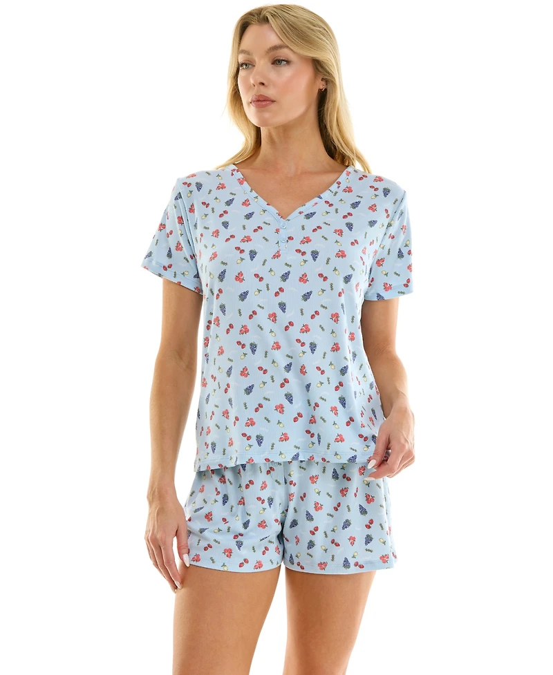 Jaclyn Intimates Women's V-Neck Henley Top and Flared Pajama Shorts, 2-Piece Set