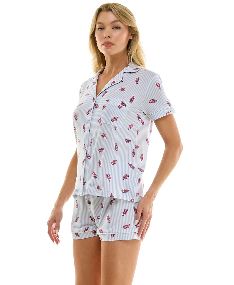 Jaclyn Intimates Women's Short-Sleeve Notch Collar Top and Shorts, 2-Piece Set