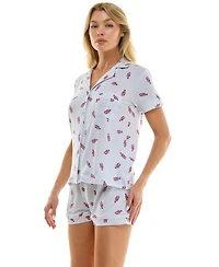 Jaclyn Intimates Women's Short-Sleeve Notch Collar Top and Shorts, 2-Piece Set