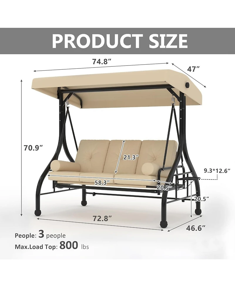 GarveeLife Outdoor Porch Swing with Adjustable Canopy 3 Seat Patio Swing Chair Heavy Duty Outdoor Swing with Cup Holder Tray Cushion