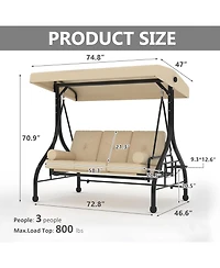 GarveeLife Outdoor Porch Swing with Adjustable Canopy 3 Seat Patio Swing Chair Heavy Duty Outdoor Swing with Cup Holder Tray Cushion