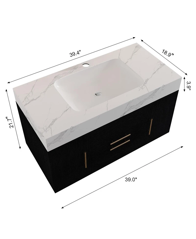 Sillysis Wall Mounted Bathroom Vanity with Faux Marble Top, Soft Close Drawers, Seamless Ceramic Sink, Black Plywood Cabinet
