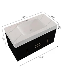 Sillysis Wall Mounted Bathroom Vanity with Faux Marble Top, Soft Close Drawers, Seamless Ceramic Sink, Black Plywood Cabinet