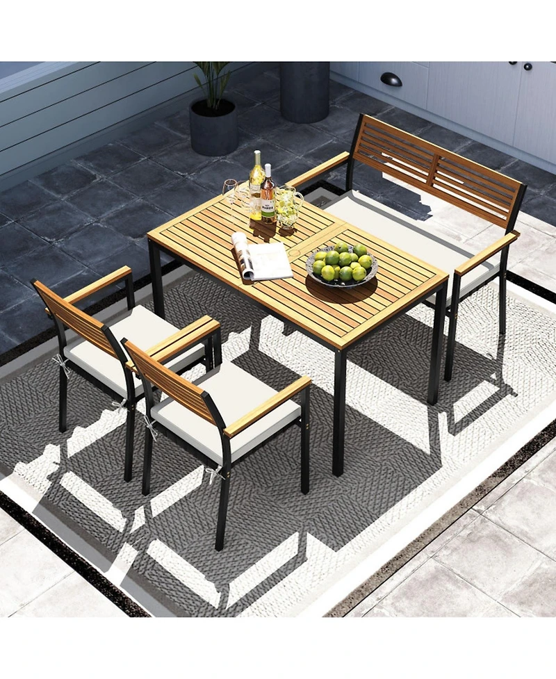 Gouun 4 Piece Acacia Wood Patio Dining Set with Rectangular Table, 2 Chairs and Bench, Umbrella Hole