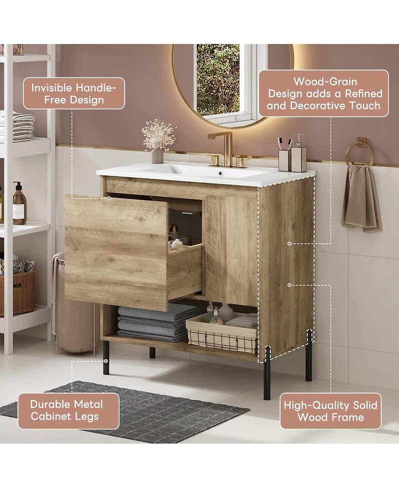 Sillysis Modern Bathroom Vanity with Ceramic Sink, Solid Wood and Metal Legs, Ample Storage Drawers and Open Shelf for Bath