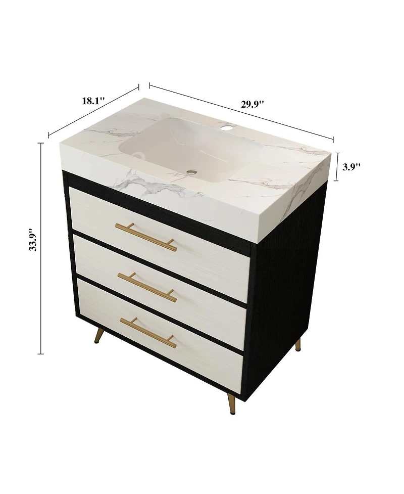 Sillysis Walnut Freestanding Bathroom Vanity with Sintered Stone Top, Ceramic Sink, Tilt-Out and Soft-Close Drawers