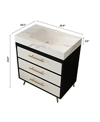 Sillysis Walnut Freestanding Bathroom Vanity with Sintered Stone Top, Ceramic Sink, Tilt-Out and Soft-Close Drawers