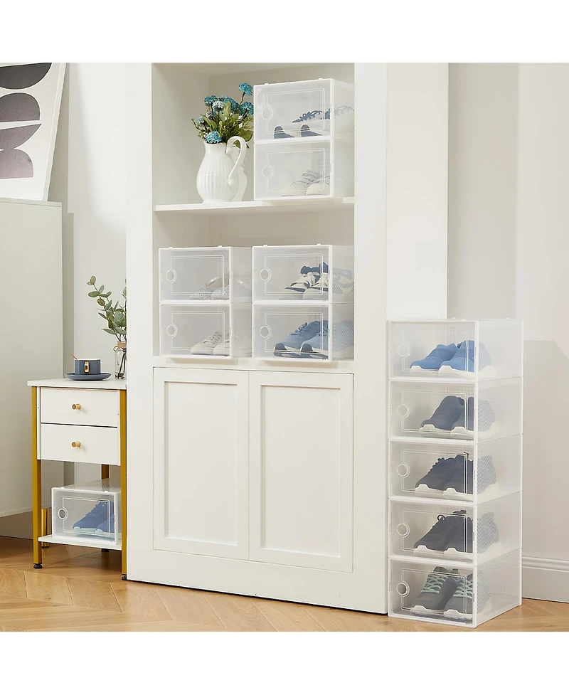 homfan 12Pcs Clear Collapsible Shoe Storage Boxes - Stackable Transparent Organizer Bins for Closet, Home, and Shoes - Space-Saving