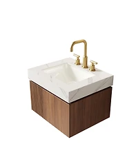 Sillysis Wall Mounted Bathroom Vanity, Carrara Sintered Stone Top, 3-Hole Ceramic Sink, Soft Close Cabinet