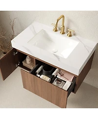 Sillysis Wall Mounted Bathroom Vanity, Carrara Sintered Stone Top, 3-Hole Ceramic Sink, Soft Close Cabinet