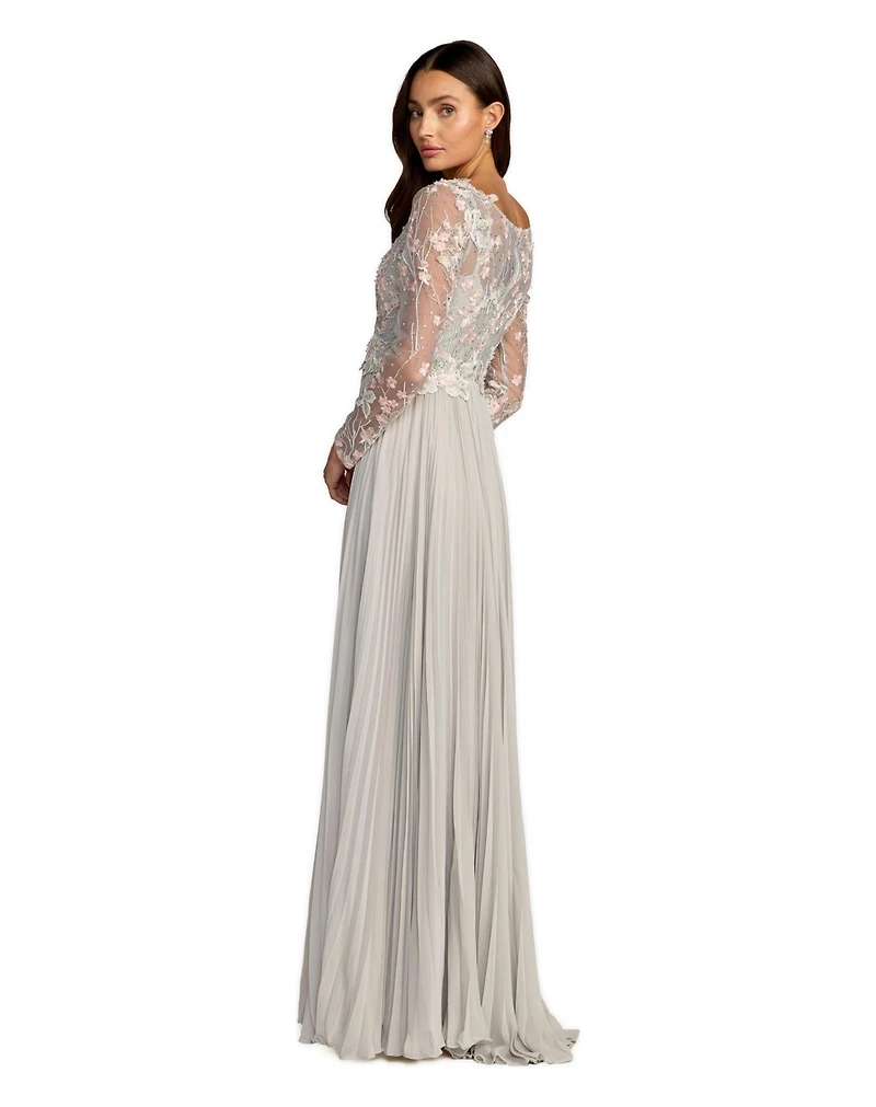 Mac Duggal Women's Embroidered Long Sleeve V Neck Pleated Gown