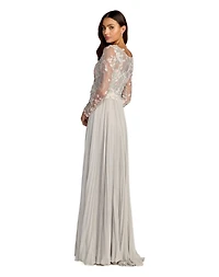 Mac Duggal Women's Embroidered Long Sleeve V Neck Pleated Gown