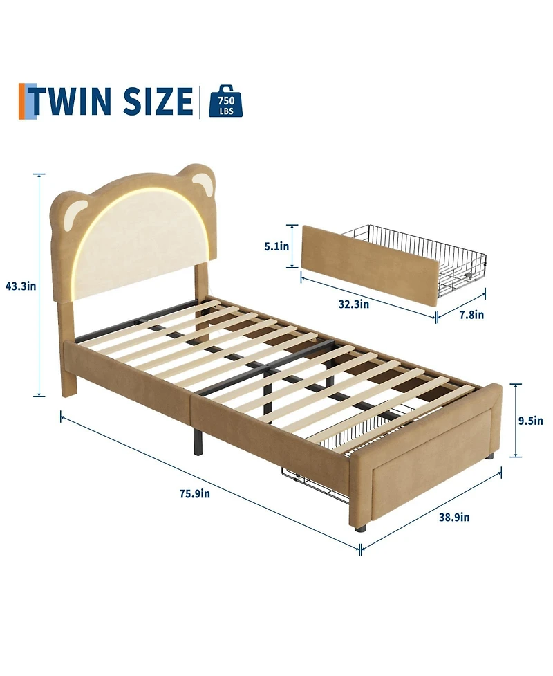 homfan Led Headboard Kids Bed Frame - Adjustable Cute Bear Design, Suede Upholstery, Storage Drawer, Plain Wood Slats, Noise-Free