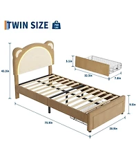 homfan Led Headboard Kids Bed Frame - Adjustable Cute Bear Design, Suede Upholstery, Storage Drawer, Plain Wood Slats, Noise-Free