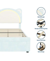 homfan Led Headboard Kids Bed Frame - Adjustable Cute Bear Design, Suede Upholstery, Storage Drawer, Plain Wood Slats, Noise-Free