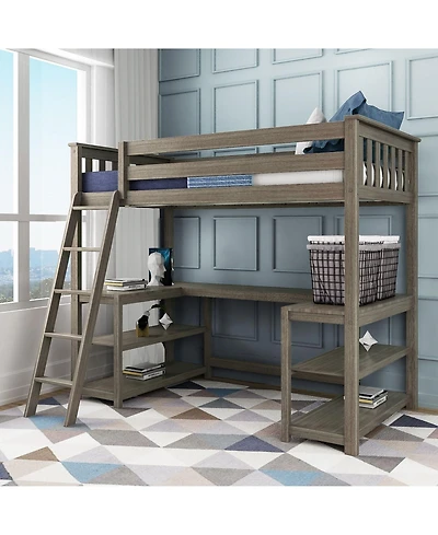 Max & Lily Twin Loft Bed, Solid Wood Bed with Desk and Storage Shelves for Kids