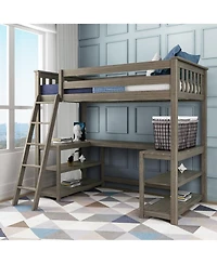 Max & Lily Twin Loft Bed, Solid Wood Bed with Desk and Storage Shelves for Kids