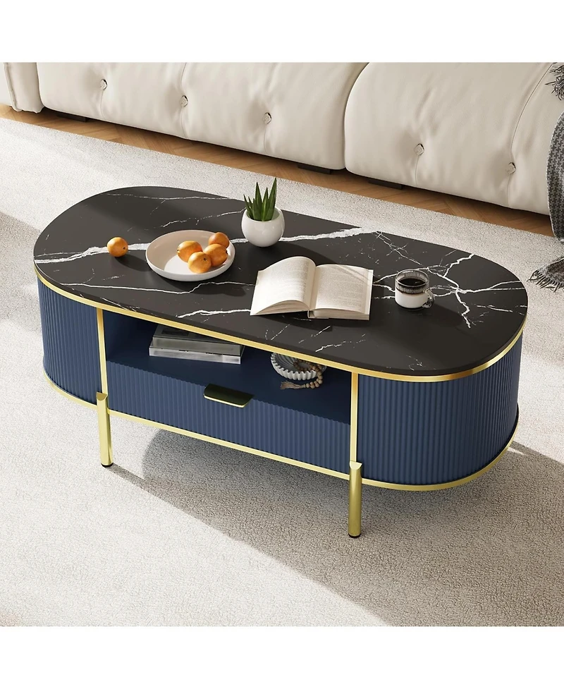 gaomon 48" Oval Coffee Table with Storage, Modern Luxury Coffee Table with Drawer and Faux Marble Top, Fluted Center Table with Curved Profile Design