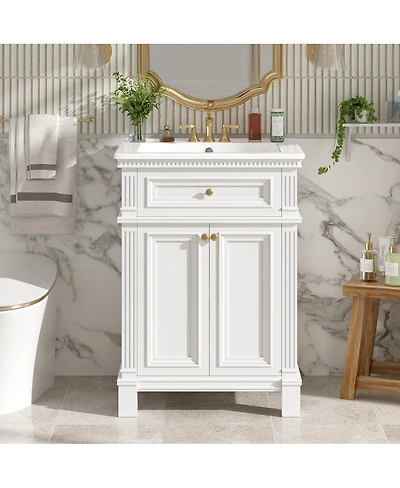 Sillysis 24 Inch Vintage Blue Bathroom Vanity with Ceramic Sink, Adjustable Shelf, Soft Close Doors, Open Back Easy Install