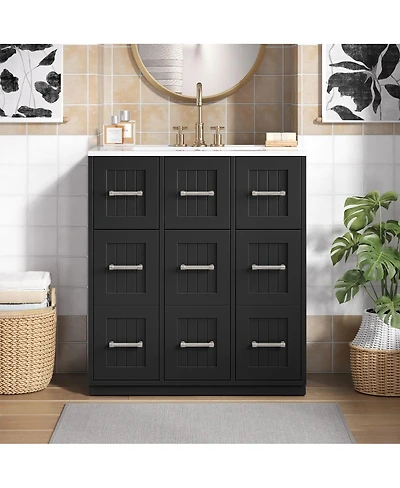Sillysis 30 Inch Modern Bathroom Vanity with Ceramic Sink, Tip-Out Drawer, Soft Close Doors, Flexible Storage for